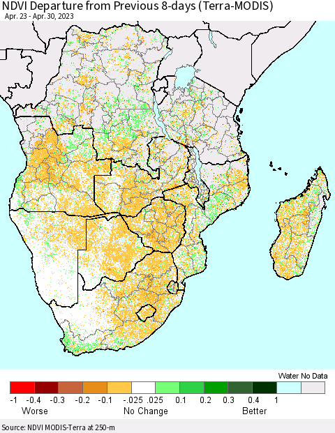 Southern Africa NDVI Departure from Previous 8-days (Terra-MODIS) Thematic Map For 4/23/2023 - 4/30/2023