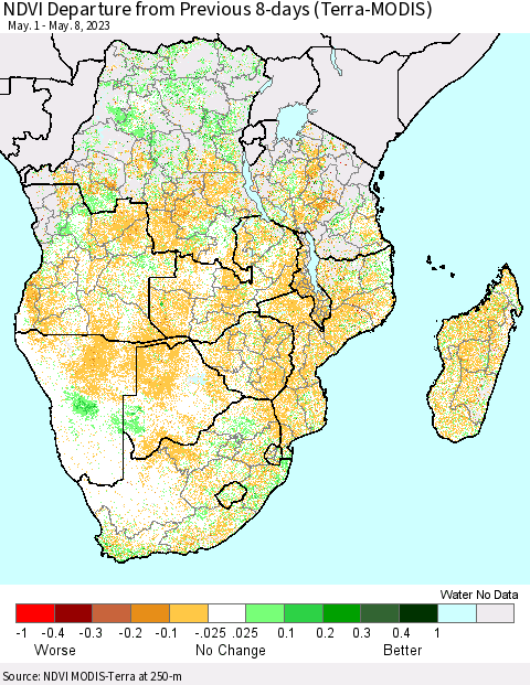 Southern Africa NDVI Departure from Previous 8-days (Terra-MODIS) Thematic Map For 5/1/2023 - 5/8/2023