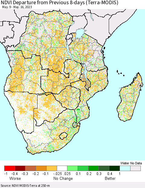 Southern Africa NDVI Departure from Previous 8-days (Terra-MODIS) Thematic Map For 5/9/2023 - 5/16/2023