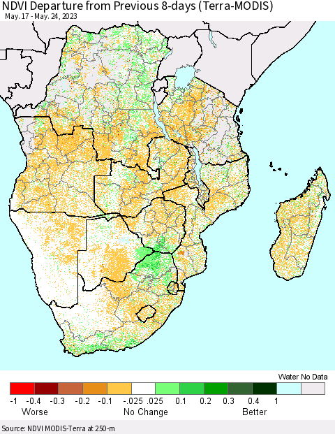 Southern Africa NDVI Departure from Previous 8-days (Terra-MODIS) Thematic Map For 5/17/2023 - 5/24/2023