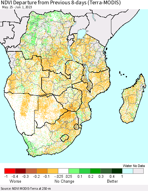 Southern Africa NDVI Departure from Previous 8-days (Terra-MODIS) Thematic Map For 5/25/2023 - 6/1/2023