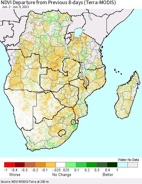 Southern Africa NDVI Departure from Previous 8-days (Terra-MODIS) Thematic Map For 6/2/2023 - 6/9/2023
