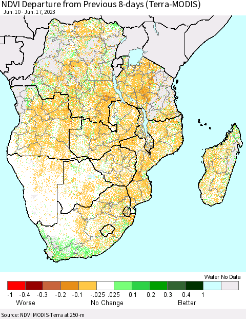 Southern Africa NDVI Departure from Previous 8-days (Terra-MODIS) Thematic Map For 6/10/2023 - 6/17/2023