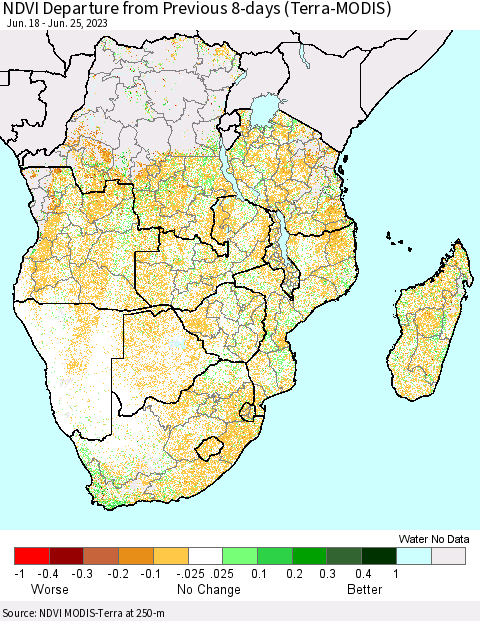 Southern Africa NDVI Departure from Previous 8-days (Terra-MODIS) Thematic Map For 6/18/2023 - 6/25/2023