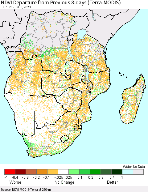 Southern Africa NDVI Departure from Previous 8-days (Terra-MODIS) Thematic Map For 6/26/2023 - 7/3/2023