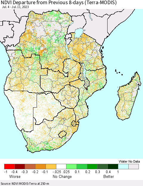 Southern Africa NDVI Departure from Previous 8-days (Terra-MODIS) Thematic Map For 7/4/2023 - 7/11/2023
