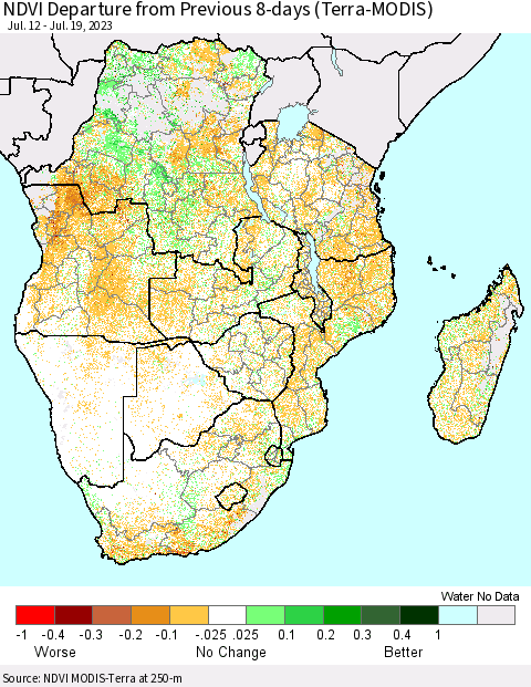 Southern Africa NDVI Departure from Previous 8-days (Terra-MODIS) Thematic Map For 7/12/2023 - 7/19/2023
