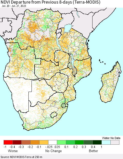 Southern Africa NDVI Departure from Previous 8-days (Terra-MODIS) Thematic Map For 7/20/2023 - 7/27/2023