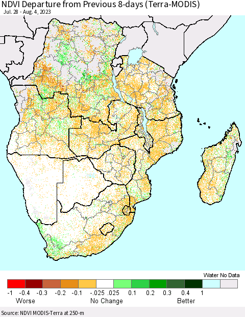 Southern Africa NDVI Departure from Previous 8-days (Terra-MODIS) Thematic Map For 7/28/2023 - 8/4/2023