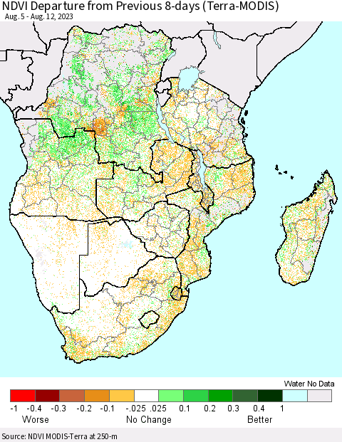 Southern Africa NDVI Departure from Previous 8-days (Terra-MODIS) Thematic Map For 8/5/2023 - 8/12/2023