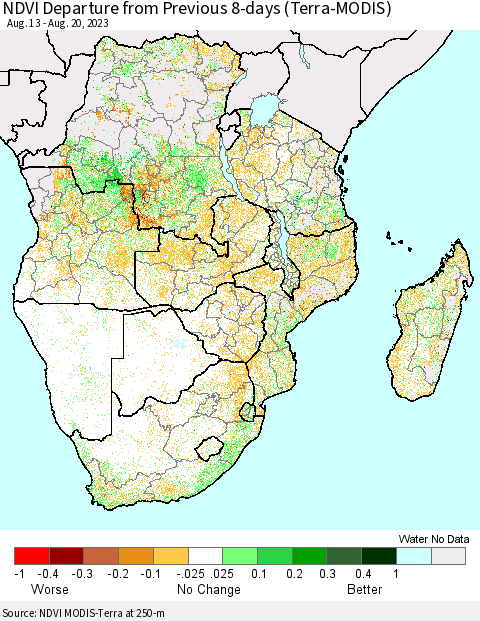 Southern Africa NDVI Departure from Previous 8-days (Terra-MODIS) Thematic Map For 8/13/2023 - 8/20/2023