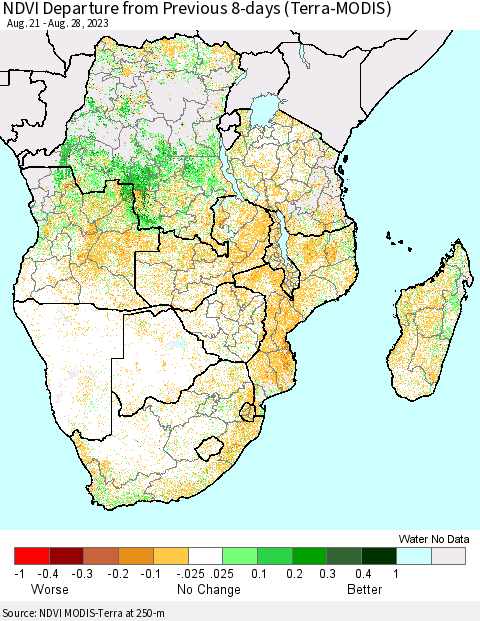 Southern Africa NDVI Departure from Previous 8-days (Terra-MODIS) Thematic Map For 8/21/2023 - 8/28/2023
