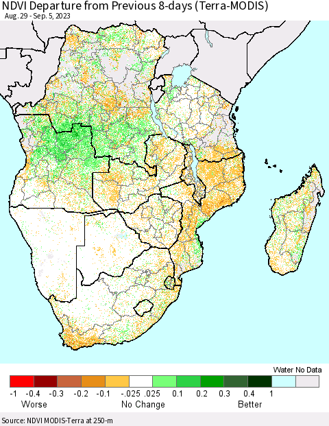 Southern Africa NDVI Departure from Previous 8-days (Terra-MODIS) Thematic Map For 8/29/2023 - 9/5/2023