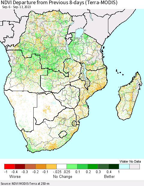 Southern Africa NDVI Departure from Previous 8-days (Terra-MODIS) Thematic Map For 9/6/2023 - 9/13/2023