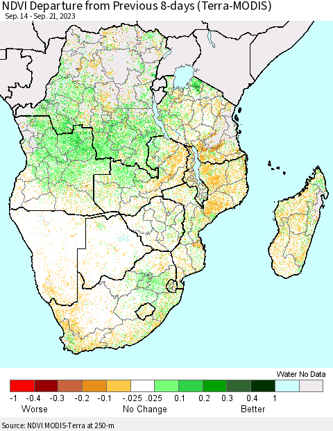 Southern Africa NDVI Departure from Previous 8-days (Terra-MODIS) Thematic Map For 9/14/2023 - 9/21/2023