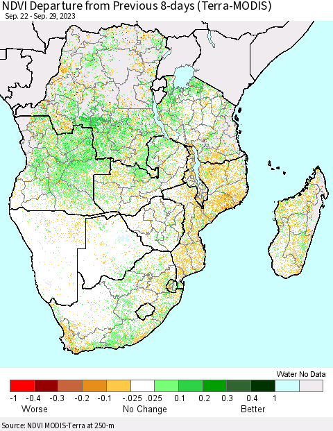 Southern Africa NDVI Departure from Previous 8-days (Terra-MODIS) Thematic Map For 9/22/2023 - 9/29/2023