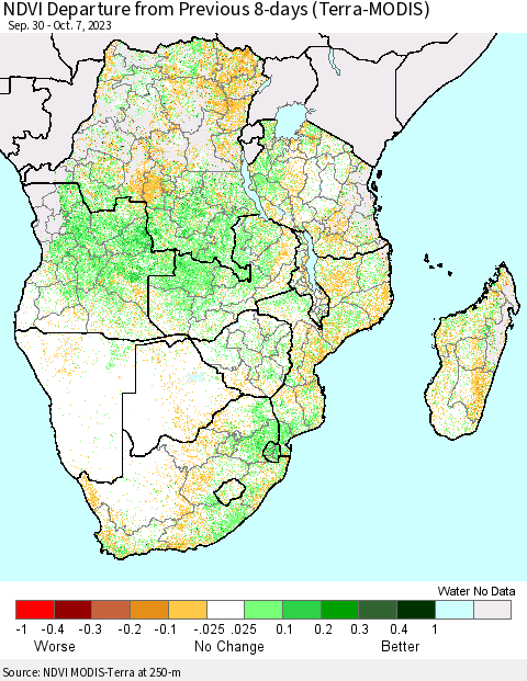 Southern Africa NDVI Departure from Previous 8-days (Terra-MODIS) Thematic Map For 9/30/2023 - 10/7/2023