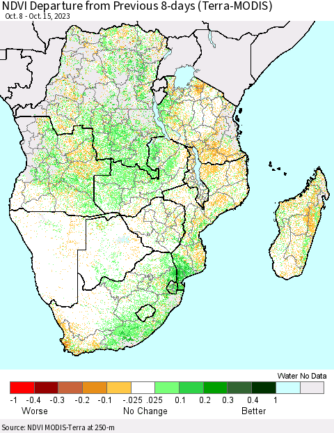 Southern Africa NDVI Departure from Previous 8-days (Terra-MODIS) Thematic Map For 10/8/2023 - 10/15/2023