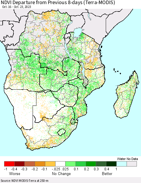 Southern Africa NDVI Departure from Previous 8-days (Terra-MODIS) Thematic Map For 10/16/2023 - 10/23/2023