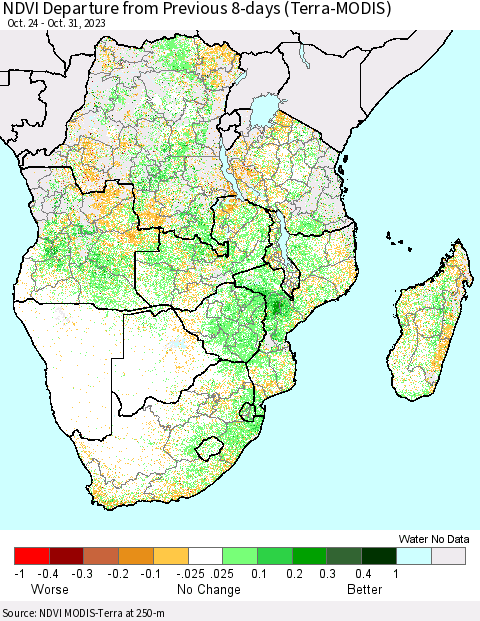 Southern Africa NDVI Departure from Previous 8-days (Terra-MODIS) Thematic Map For 10/24/2023 - 10/31/2023