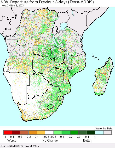 Southern Africa NDVI Departure from Previous 8-days (Terra-MODIS) Thematic Map For 11/1/2023 - 11/8/2023
