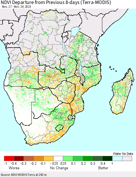 Southern Africa NDVI Departure from Previous 8-days (Terra-MODIS) Thematic Map For 11/17/2023 - 11/24/2023
