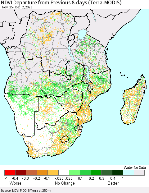Southern Africa NDVI Departure from Previous 8-days (Terra-MODIS) Thematic Map For 11/25/2023 - 12/2/2023