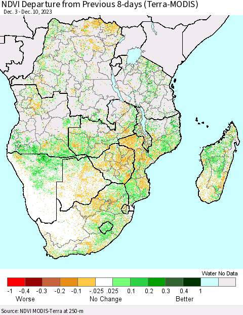 Southern Africa NDVI Departure from Previous 8-days (Terra-MODIS) Thematic Map For 12/3/2023 - 12/10/2023