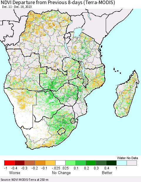 Southern Africa NDVI Departure from Previous 8-days (Terra-MODIS) Thematic Map For 12/11/2023 - 12/18/2023
