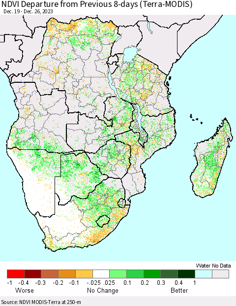 Southern Africa NDVI Departure from Previous 8-days (Terra-MODIS) Thematic Map For 12/19/2023 - 12/26/2023