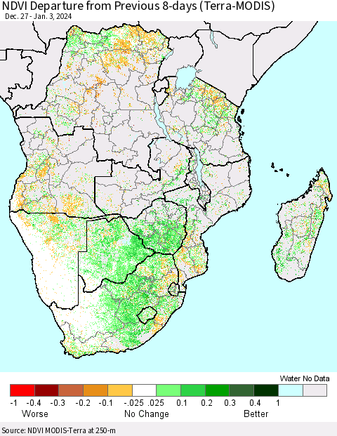 Southern Africa NDVI Departure from Previous 8-days (Terra-MODIS) Thematic Map For 12/27/2023 - 1/3/2024