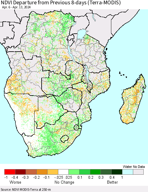 Southern Africa NDVI Departure from Previous 8-days (Terra-MODIS) Thematic Map For 4/6/2024 - 4/13/2024