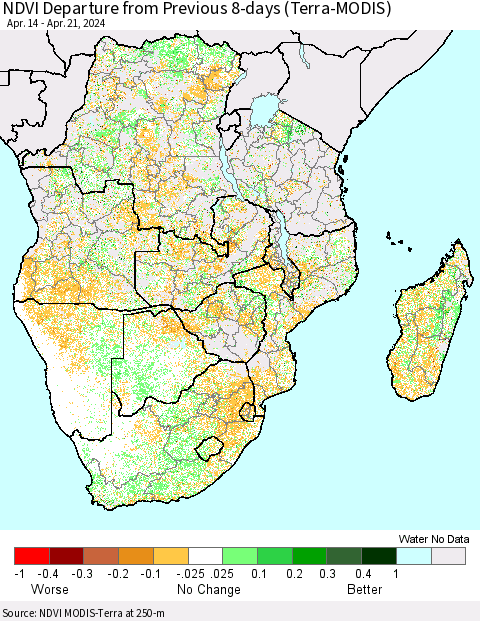 Southern Africa NDVI Departure from Previous 8-days (Terra-MODIS) Thematic Map For 4/14/2024 - 4/21/2024
