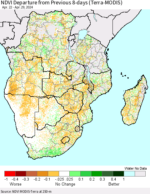 Southern Africa NDVI Departure from Previous 8-days (Terra-MODIS) Thematic Map For 4/22/2024 - 4/29/2024