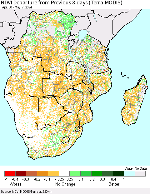 Southern Africa NDVI Departure from Previous 8-days (Terra-MODIS) Thematic Map For 4/30/2024 - 5/7/2024