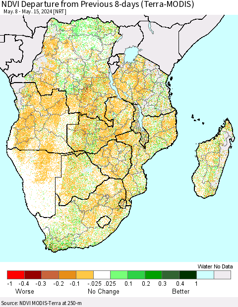 Southern Africa NDVI Departure from Previous 8-days (Terra-MODIS) Thematic Map For 5/8/2024 - 5/15/2024