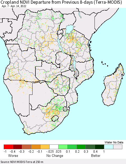 Southern Africa Cropland NDVI Departure from Previous 8-days (Terra-MODIS) Thematic Map For 4/7/2022 - 4/14/2022