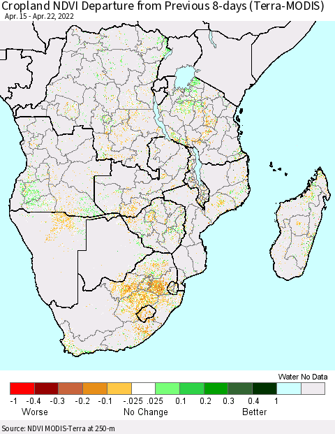 Southern Africa Cropland NDVI Departure from Previous 8-days (Terra-MODIS) Thematic Map For 4/15/2022 - 4/22/2022