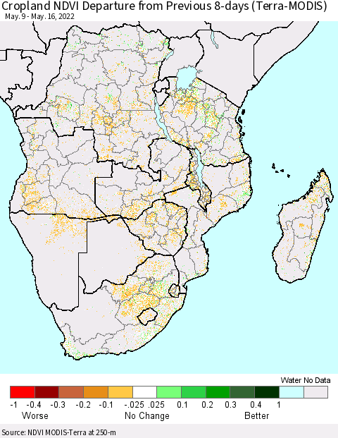 Southern Africa Cropland NDVI Departure from Previous 8-days (Terra-MODIS) Thematic Map For 5/9/2022 - 5/16/2022