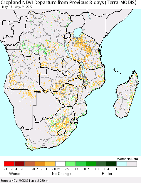 Southern Africa Cropland NDVI Departure from Previous 8-days (Terra-MODIS) Thematic Map For 5/17/2022 - 5/24/2022