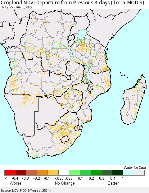 Southern Africa Cropland NDVI Departure from Previous 8-days (Terra-MODIS) Thematic Map For 5/25/2022 - 6/1/2022
