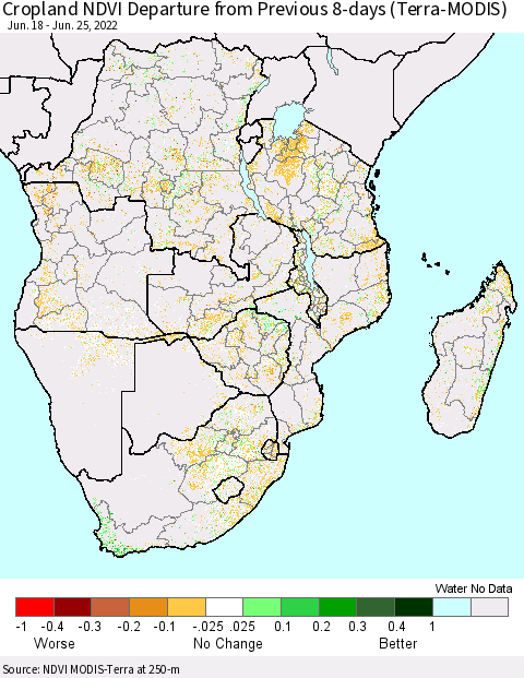 Southern Africa Cropland NDVI Departure from Previous 8-days (Terra-MODIS) Thematic Map For 6/18/2022 - 6/25/2022