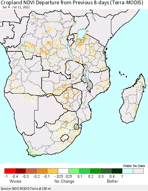 Southern Africa Cropland NDVI Departure from Previous 8-days (Terra-MODIS) Thematic Map For 7/4/2022 - 7/11/2022