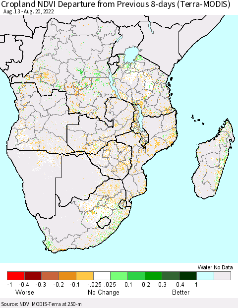 Southern Africa Cropland NDVI Departure from Previous 8-days (Terra-MODIS) Thematic Map For 8/13/2022 - 8/20/2022