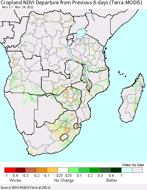 Southern Africa Cropland NDVI Departure from Previous 8-days (Terra-MODIS) Thematic Map For 11/17/2022 - 11/24/2022