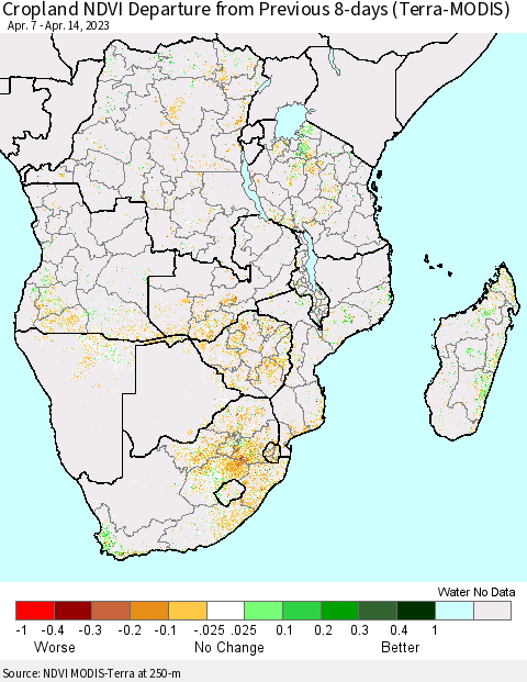 Southern Africa Cropland NDVI Departure from Previous 8-days (Terra-MODIS) Thematic Map For 4/7/2023 - 4/14/2023