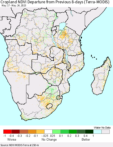 Southern Africa Cropland NDVI Departure from Previous 8-days (Terra-MODIS) Thematic Map For 5/17/2023 - 5/24/2023