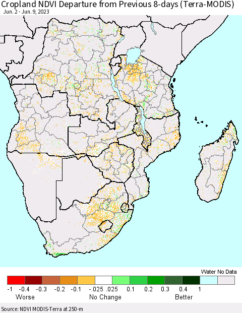 Southern Africa Cropland NDVI Departure from Previous 8-days (Terra-MODIS) Thematic Map For 6/2/2023 - 6/9/2023