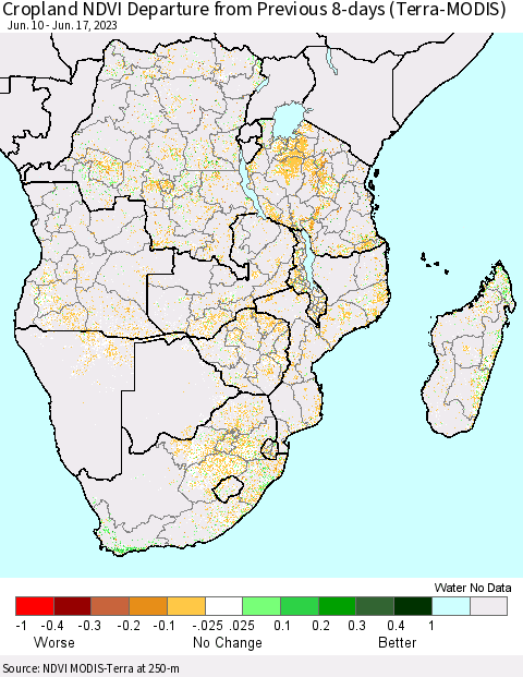 Southern Africa Cropland NDVI Departure from Previous 8-days (Terra-MODIS) Thematic Map For 6/10/2023 - 6/17/2023