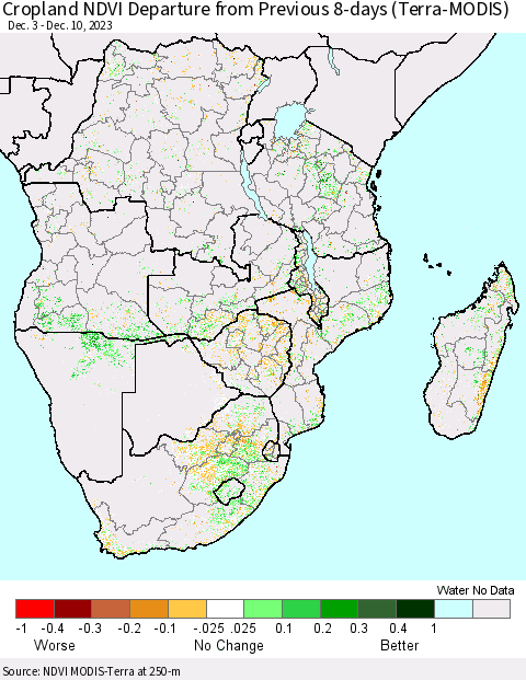 Southern Africa Cropland NDVI Departure from Previous 8-days (Terra-MODIS) Thematic Map For 12/3/2023 - 12/10/2023